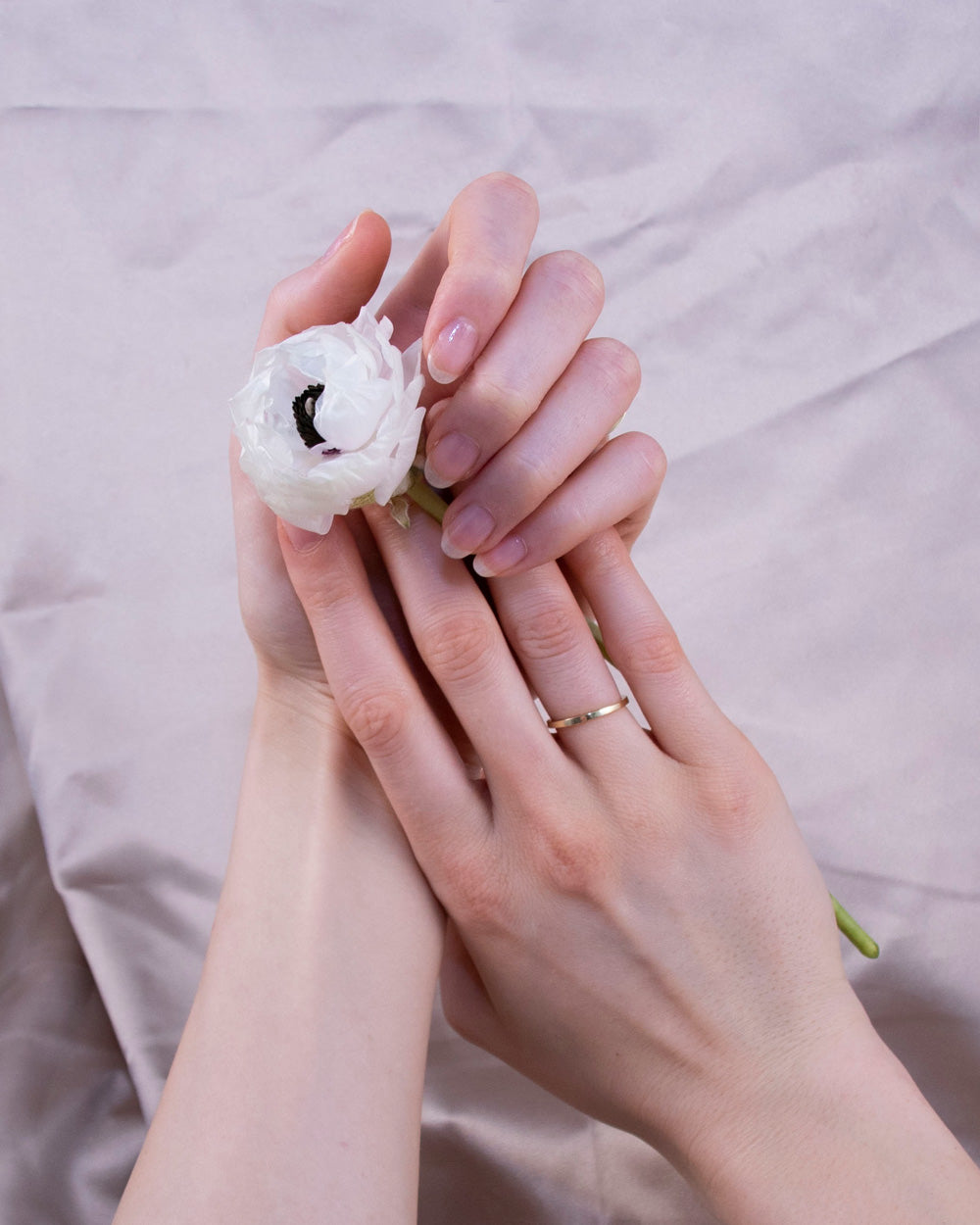 Hände einer Frau halten eine weiße Blume. Die Hand trägt einen schmalen Ehering in Gold. 